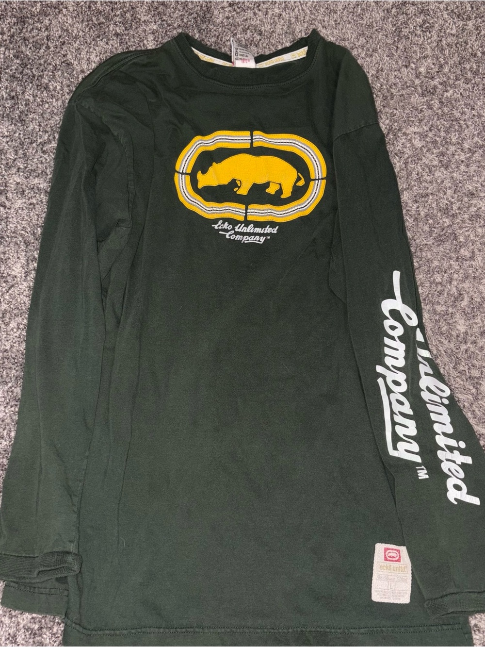 Y2K Ecko Unlimited Forest Green Tee with Yellow and Red Logo Patch